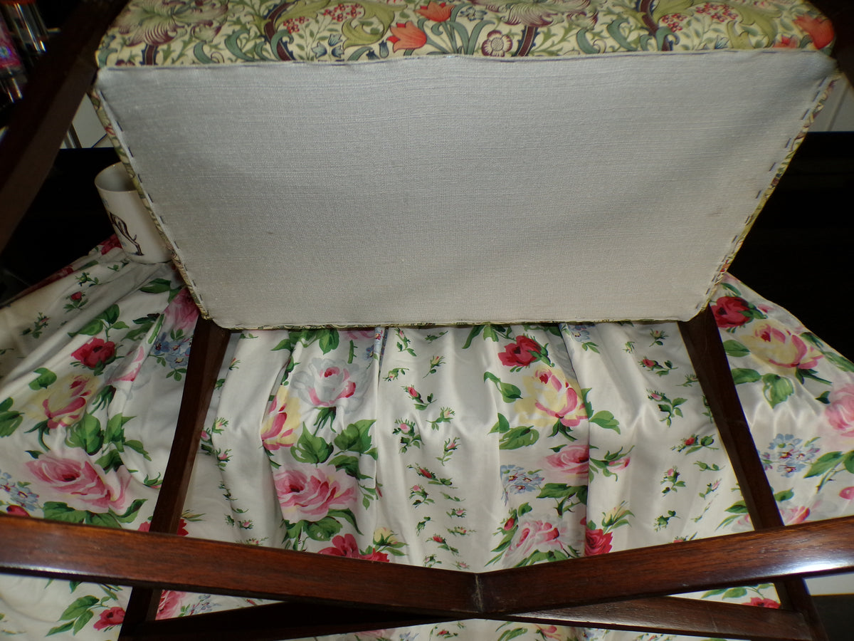 Edwardian mahogany sewing storage stand with William Morris Golden Lily upholstery