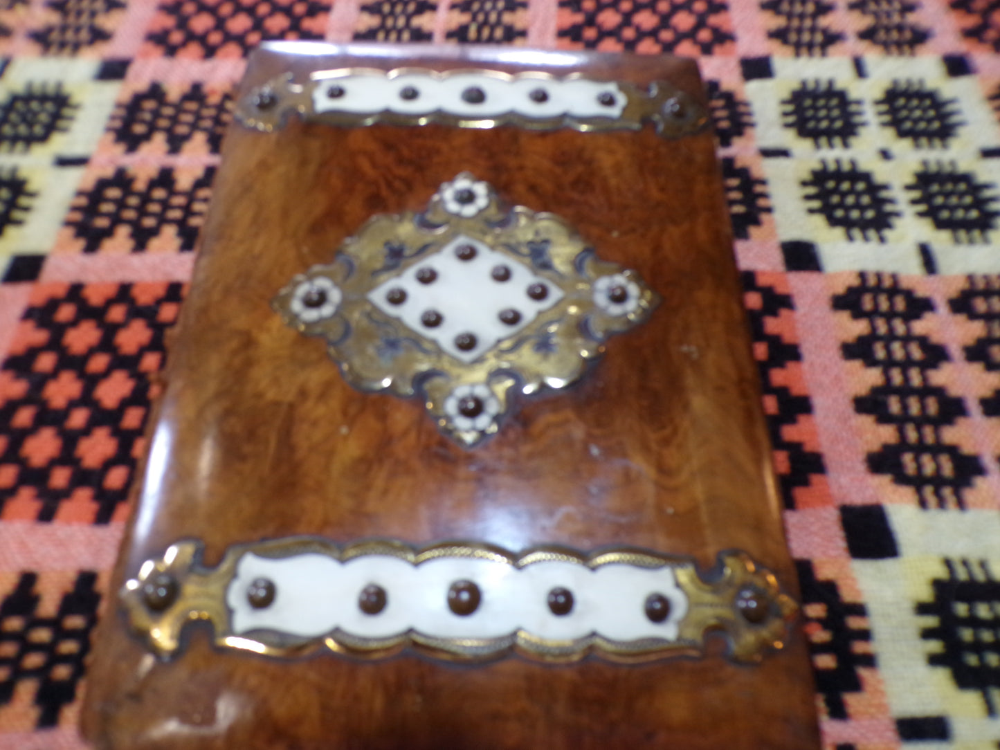 Victorian walnut bone and brass book cover