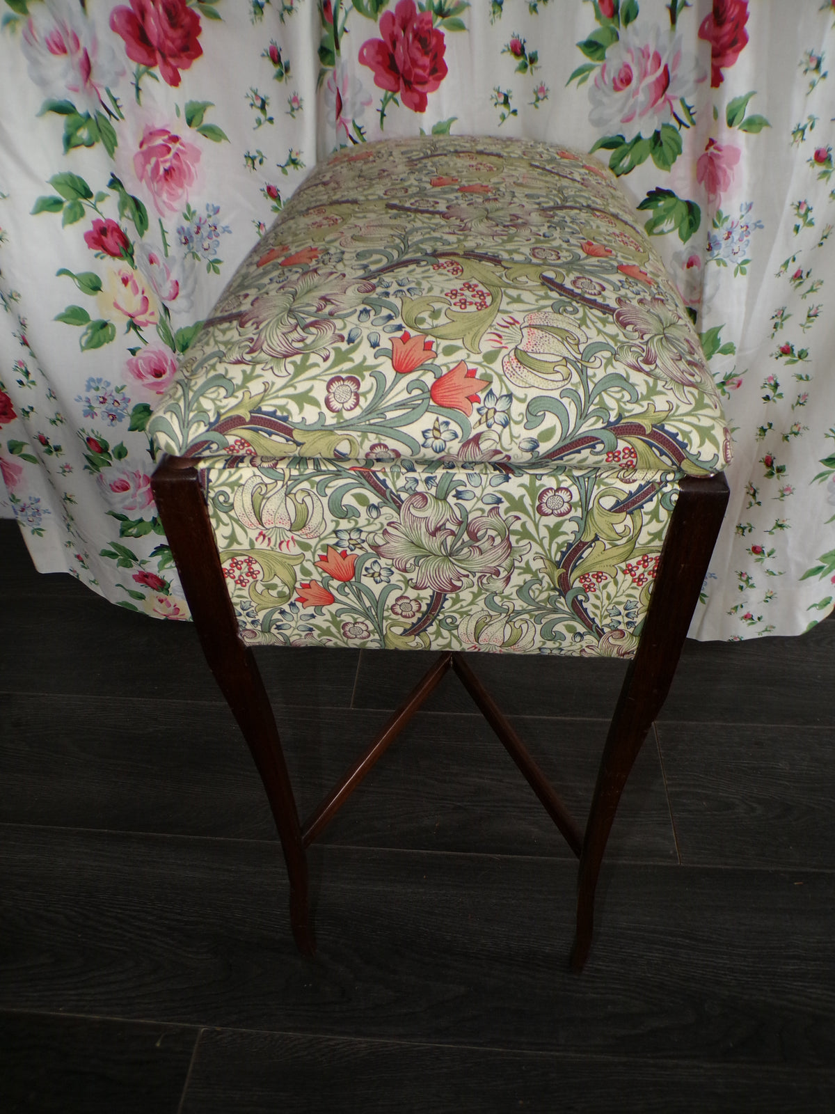 Edwardian mahogany sewing storage stand with William Morris Golden Lily upholstery