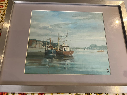 Acrylic boats on water painting - signed.