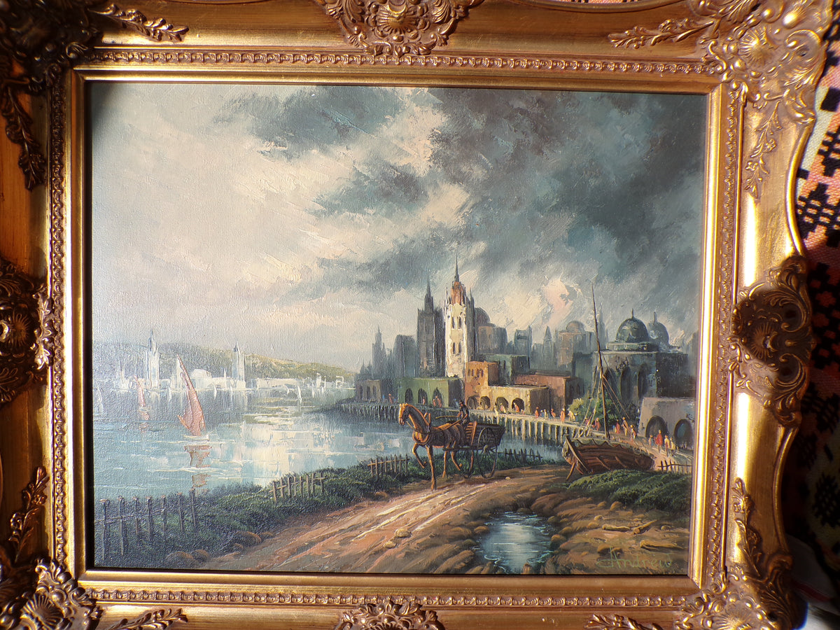 Signed oil on canvas - Bavarian-type city by river