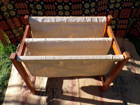 Mid century Danish teak and canvas magazine rack