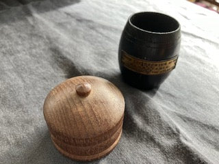 Two vintage pieces of treen. One like a snuff box - although dated to the thirties, and the other a match holder